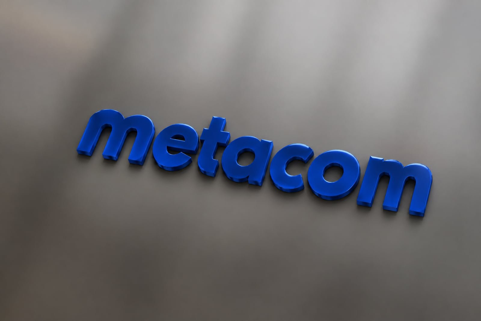 Metacom wordmark rendered in three dimensions on an office wall